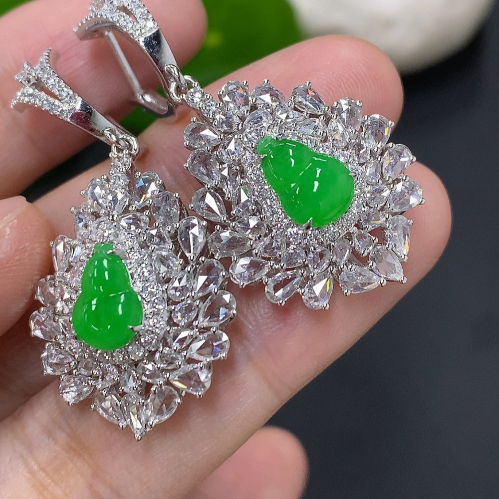 Jadeite Gourd Inlaid Earrings 18K Gold Total Weight Approx. 12.1g (with Diamond Accents)