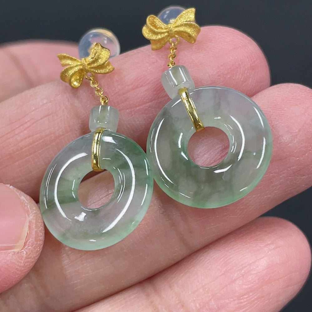 Jadeite donut inlaid earrings pair 18k gold inlaid total weight approx. 2.76g (excluding ear stoppers)