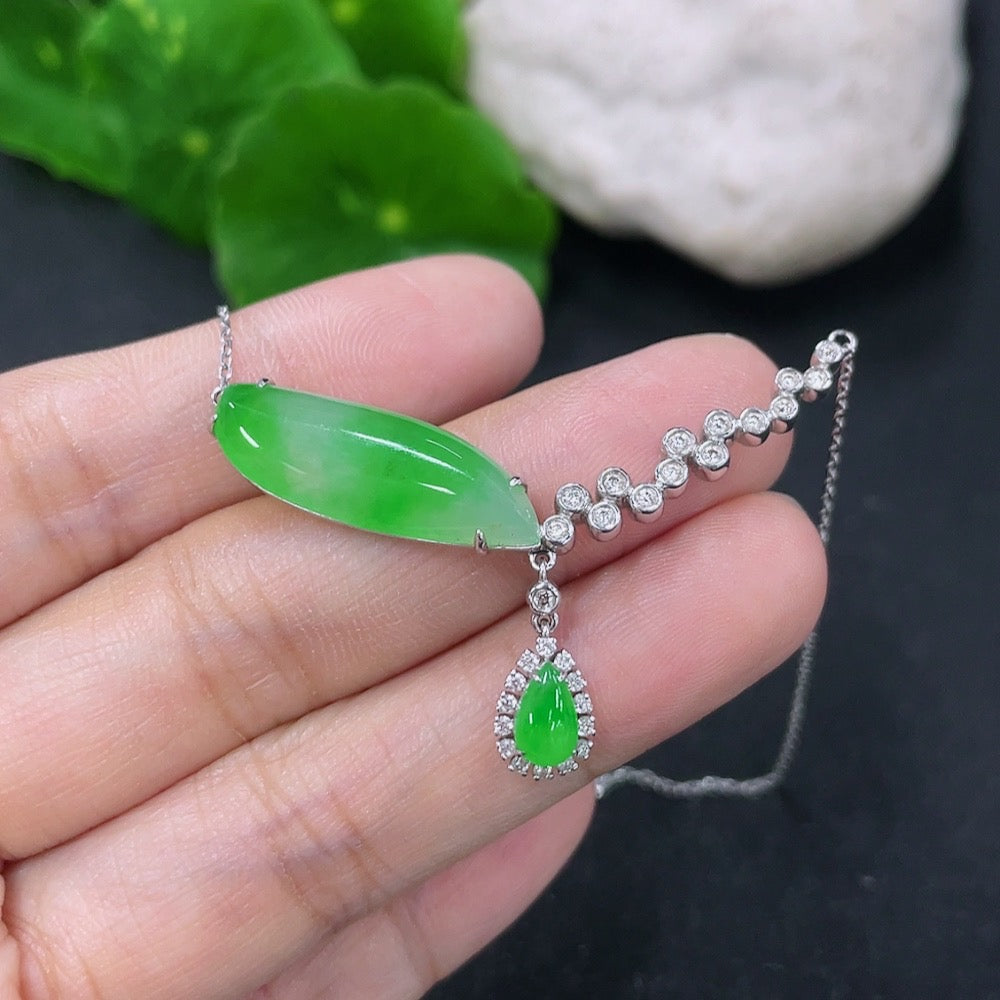 Jadeite pendant with 18K gold and diamond accents, featuring a delicate chain, total weight 5.42g, elegant necklace by HKHQ.