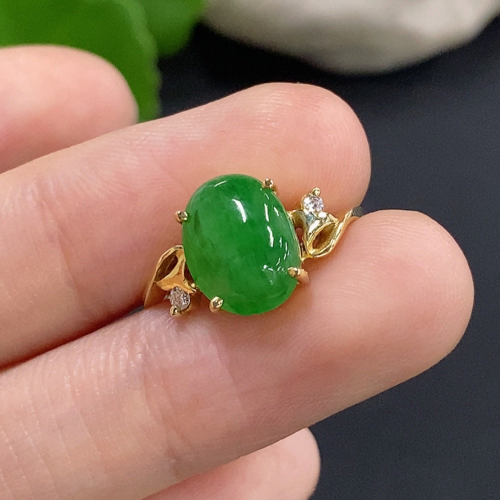 Jadeite Cabochon Inlaid Ring 18K Gold with Diamond Accents Size 13 Total Weight Approx. 2.79g
