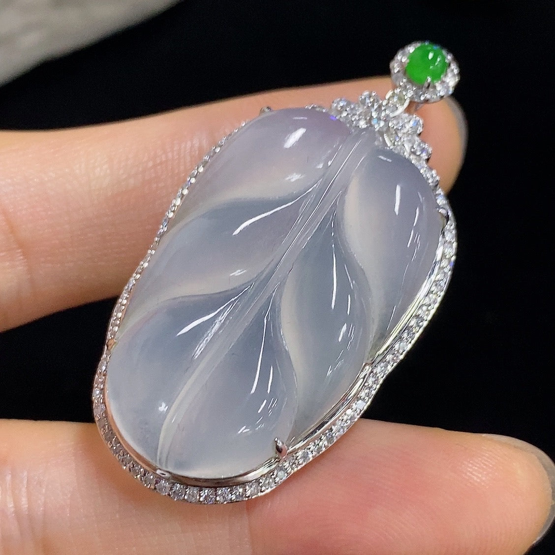 Jadeite Leaf Inlaid Pendant with 18K Gold and Diamond Accents