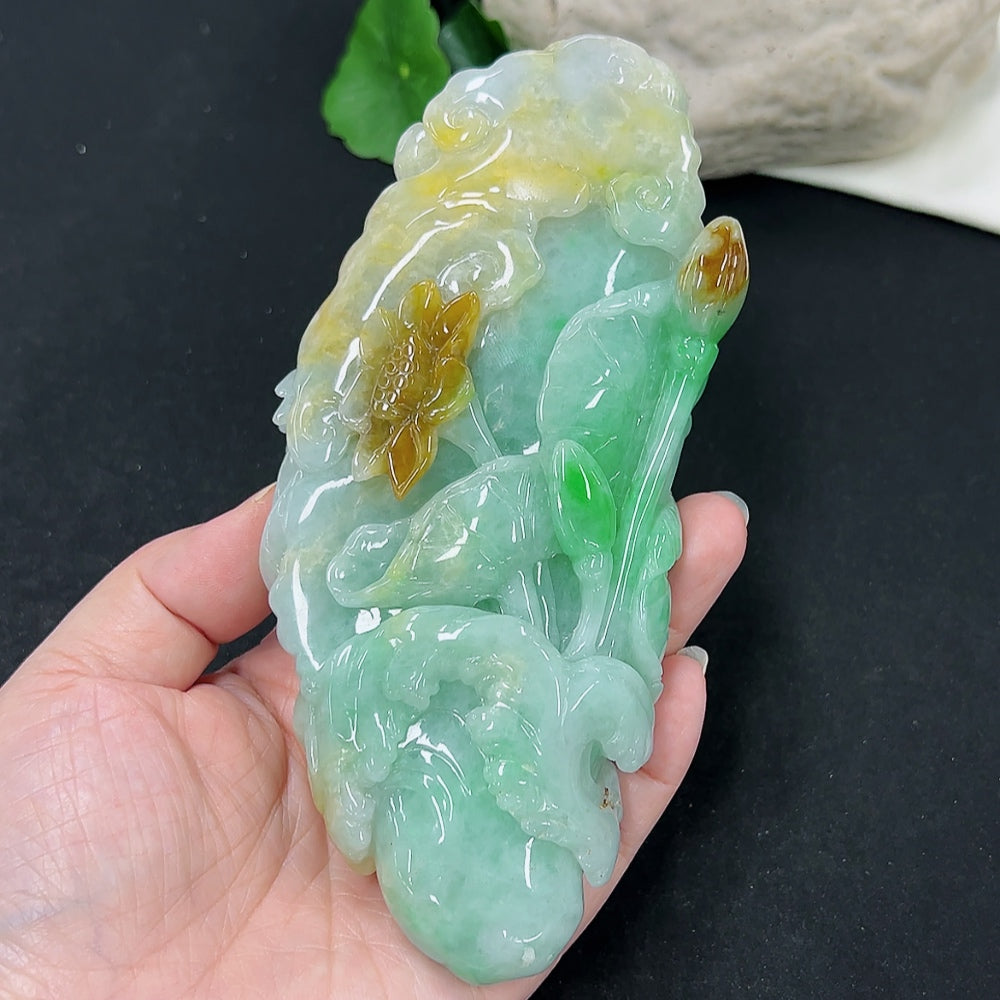 Jadeite He He Xiangu jewelry ornament with intricate design, crafted by HKHQ, showcasing traditional Chinese cultural symbolism.
