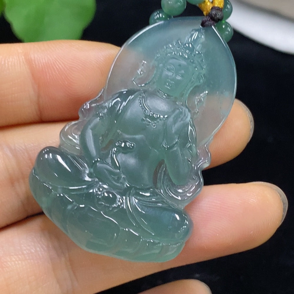 Jadeite Guanyin pendant with chain, handcrafted jade jewelry from HUILIU HQ, weighs approximately 38.18 grams.