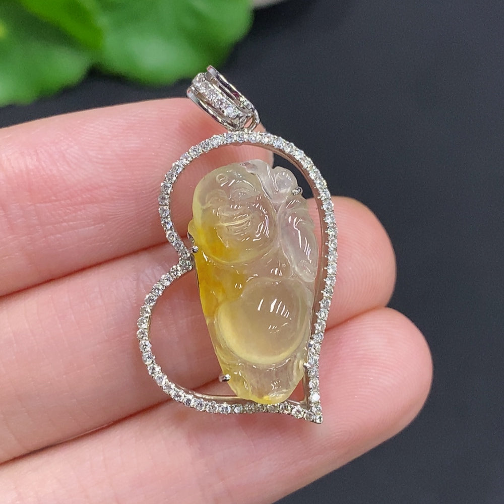 Jadeite Laughing Buddha pendant with 18K gold setting and diamond accents, shown with intricate craftsmanship and vibrant jade color