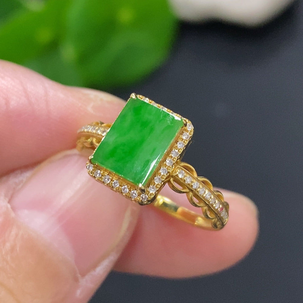 18K gold jadeite inlaid ring with diamond accents, size 14, weighs approx. 1.8g, by HKHQ.