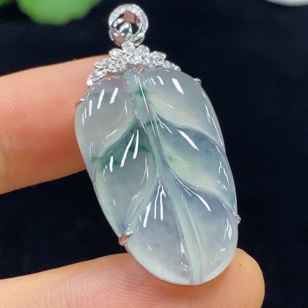 Jadeite leaf pendant with 18k gold and diamond accents, crafted by HUILIU HQ, weighing approximately 4.42 grams.