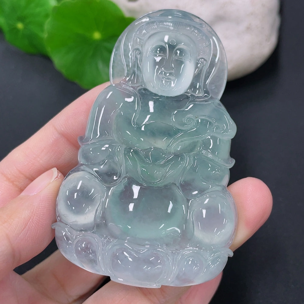 Jadeite Guanyin pendant shaped figure, crafted from green jade, weighing approximately 41.3 grams, displayed against a neutral background.