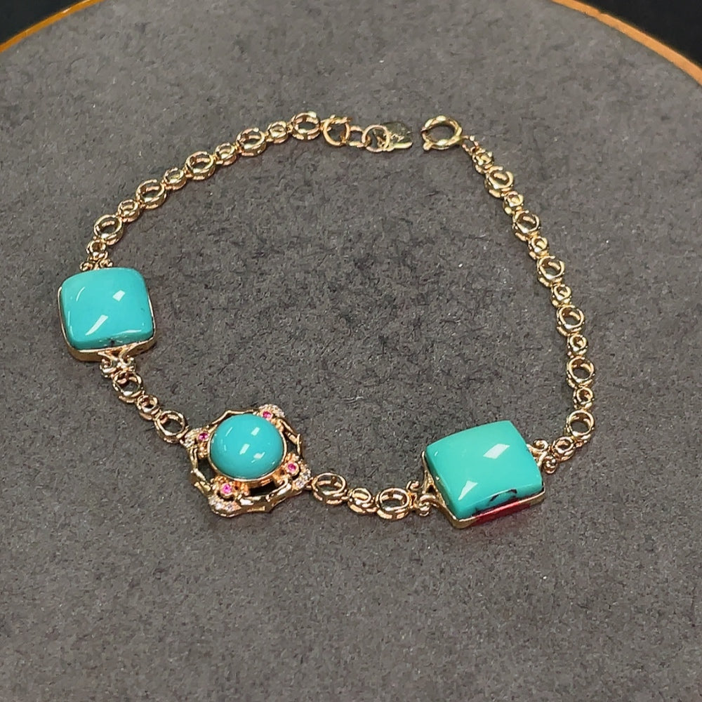 Turquoise Bracelet Marked Au 58% with Remaining 18K Gold Set with Colorless Diamonds Stone