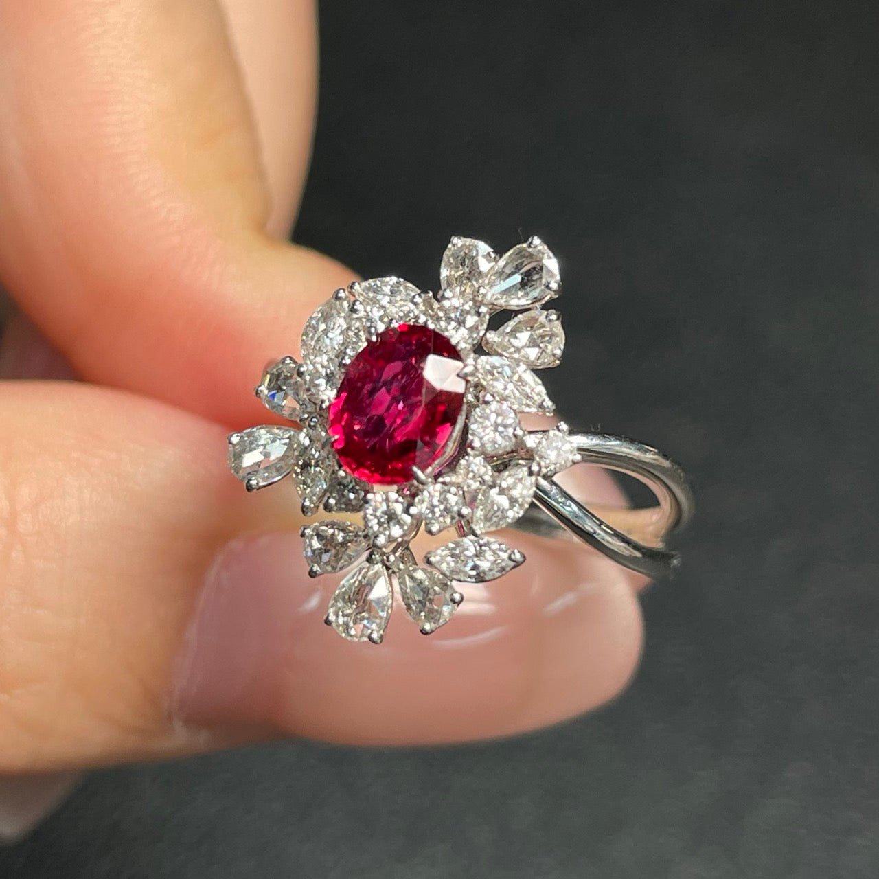 HUILIU HQ ruby ring set in 18K gold with diamond accents, size 14, featuring unheated pigeon blood red rubies and gemstone details.