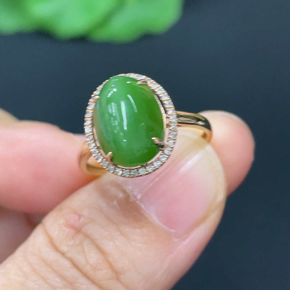 Hetian Jade Jasper Cabochon Inlaid Ring with 18k Gold, Accented with Diamonds