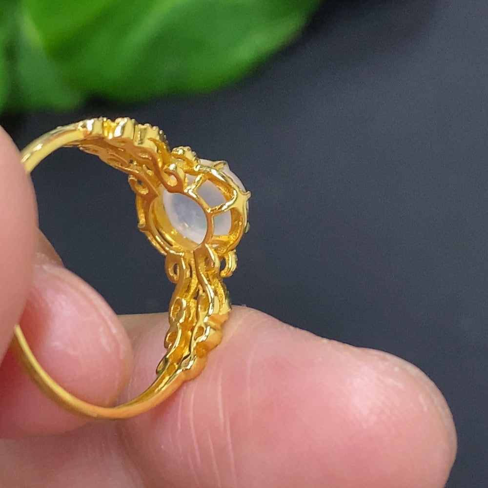 Jadeite Cabochon Ring with 18K Gold Size 13 Total Weight Approx. 1.7g (Accented with Diamonds)