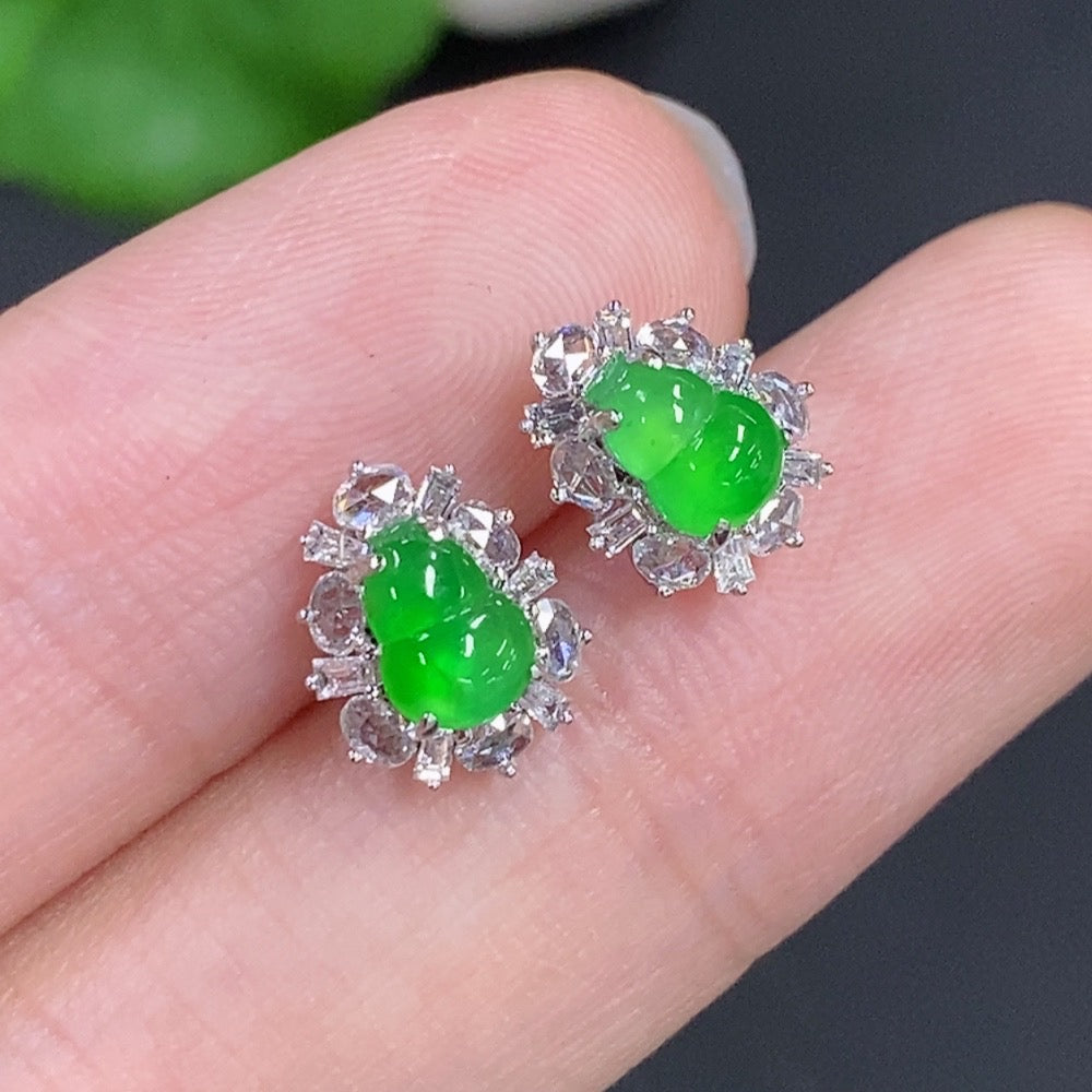 Jadeite Gourd Inlaid Earrings 18k Gold with Diamond Accents
