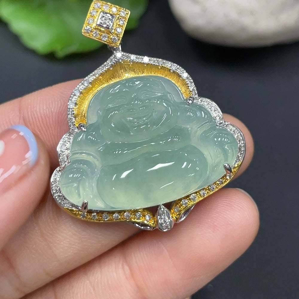 Jadeite Buddha Pendant with 18K Gold Setting, Total Weight Approx. 10.1g