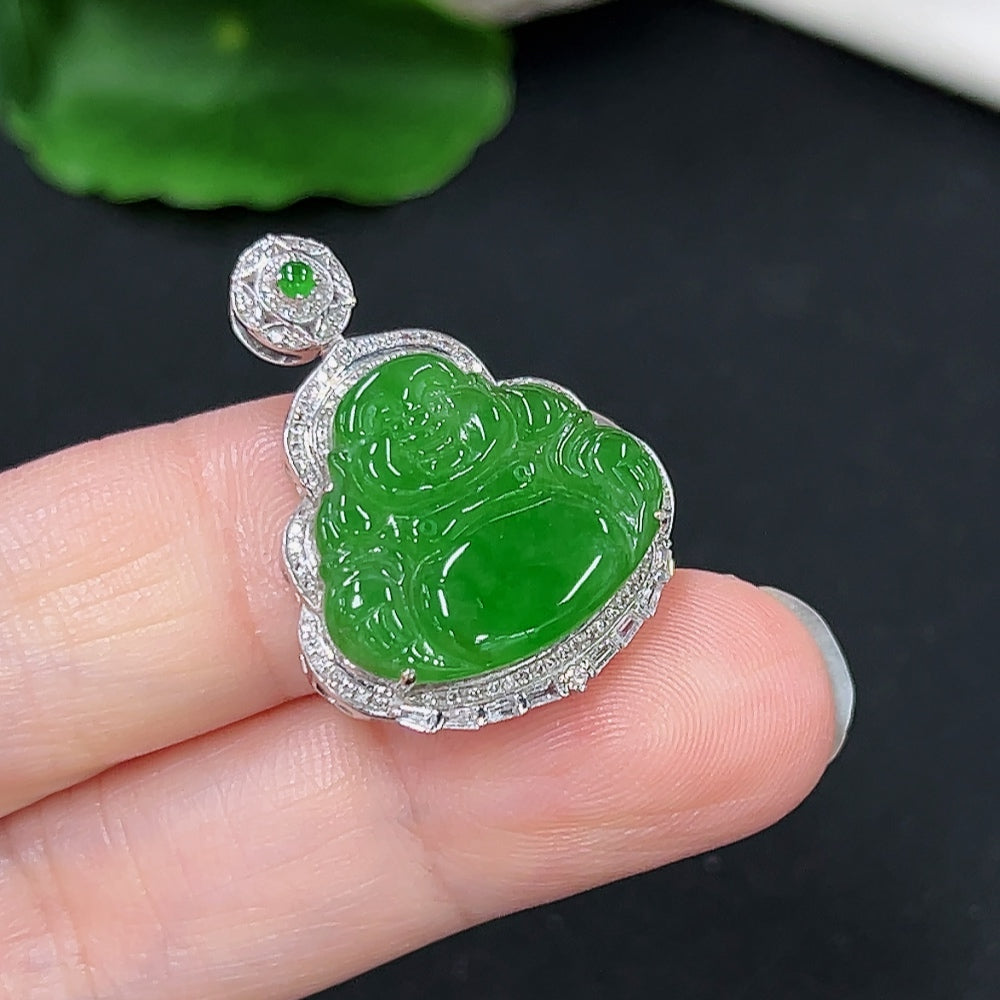 Jadeite Buddha pendant set in 18K gold with diamond accents, displayed on a necklace chain.
