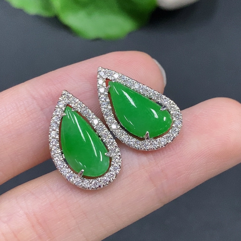 Jadeite Cabochon Stud Earrings 18k Gold Total Weight Approx. 5.2g (Including Backs)