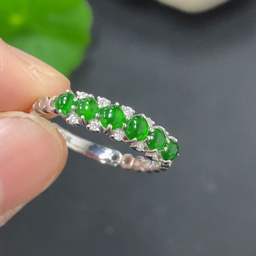 Jadeite cabochon ring with 18K gold band, accented with diamonds, size 14, from HKHQ, lightweight jewelry design.