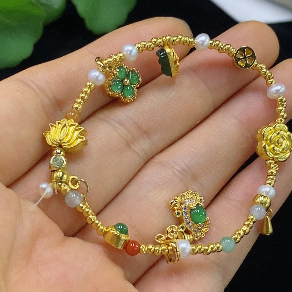 HUILIU HQ jadeite inlaid bracelet with red beads, gold content tested, small beads, non-gold parts, and a fragile unmarked surface.