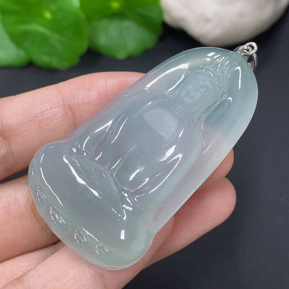 Jadeite Guanyin pendant from HUILIU HQ featuring a detailed carved jade figure with a gold-colored cord.