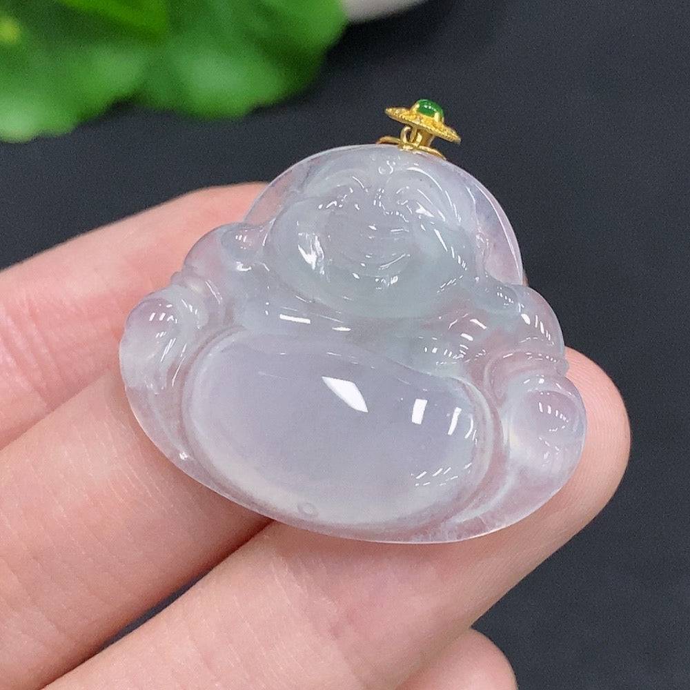 Jadeite Buddha pendant with 18k gold clasp, featuring detailed Buddha carving, weighing approximately 6g.