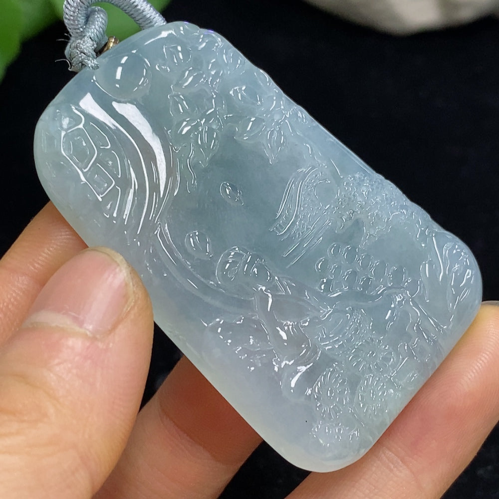 Jadeite landscape pendant by HUILIU HQ featuring intricate design, weighs approximately 37.09g including rope, showcasing natural jade quality.