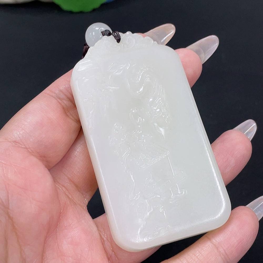 Huiliu Hetian jade pendant with dragon design on rope, featuring non-Hetian jade beads, certified by Huiliu HQ.