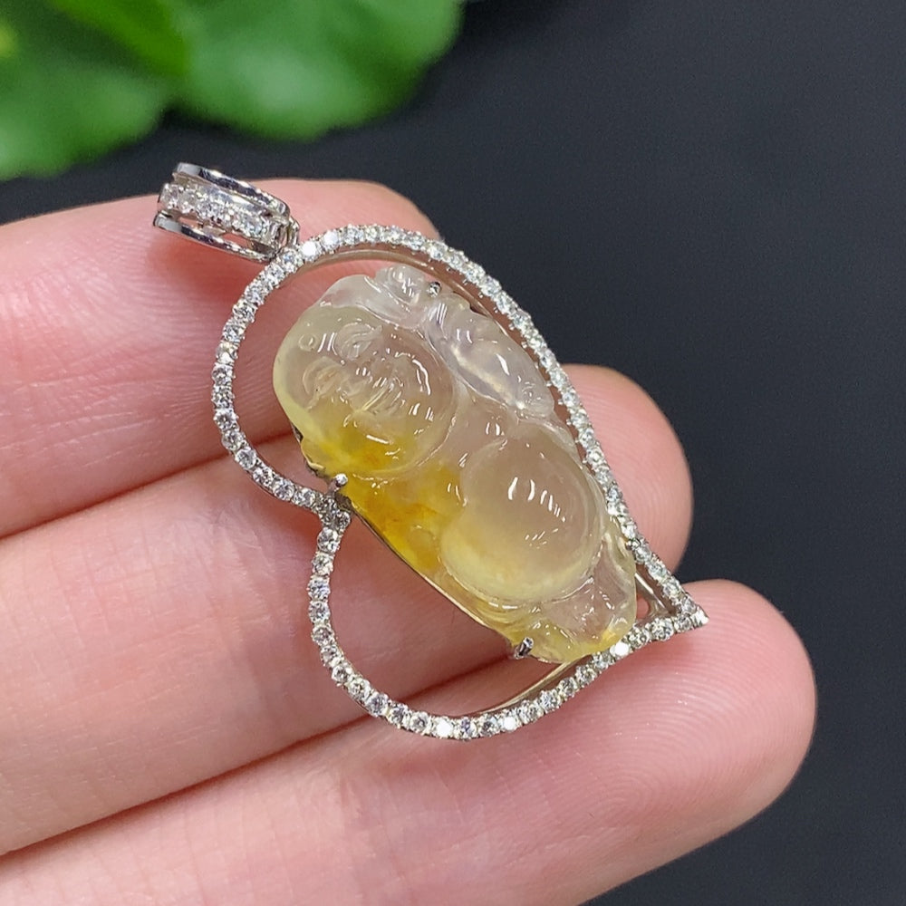 Jadeite Laughing Buddha pendant in 18K gold setting with diamond accents, HUILIU HQ jade jewelry, detailed close-up image