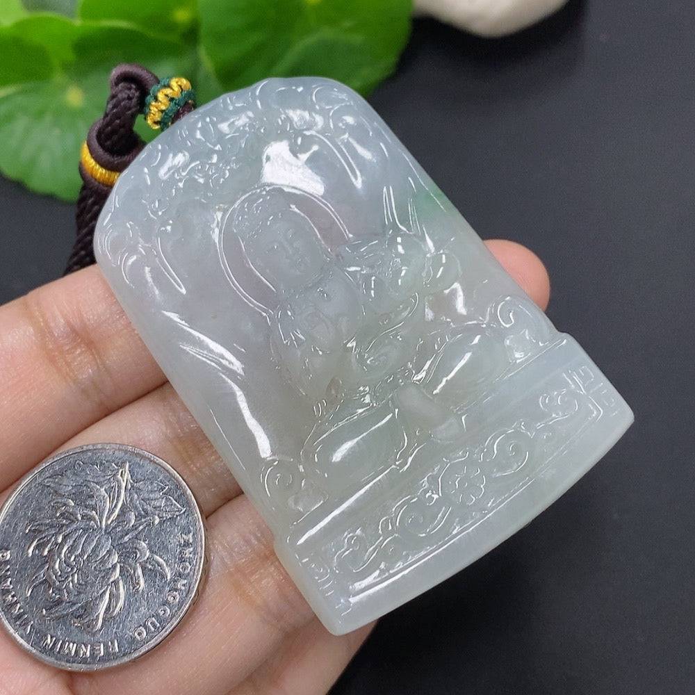 Huiliu Jadeite Guanyin pendant with rope, carved from green jade, featuring intricate details and a polished finish.
