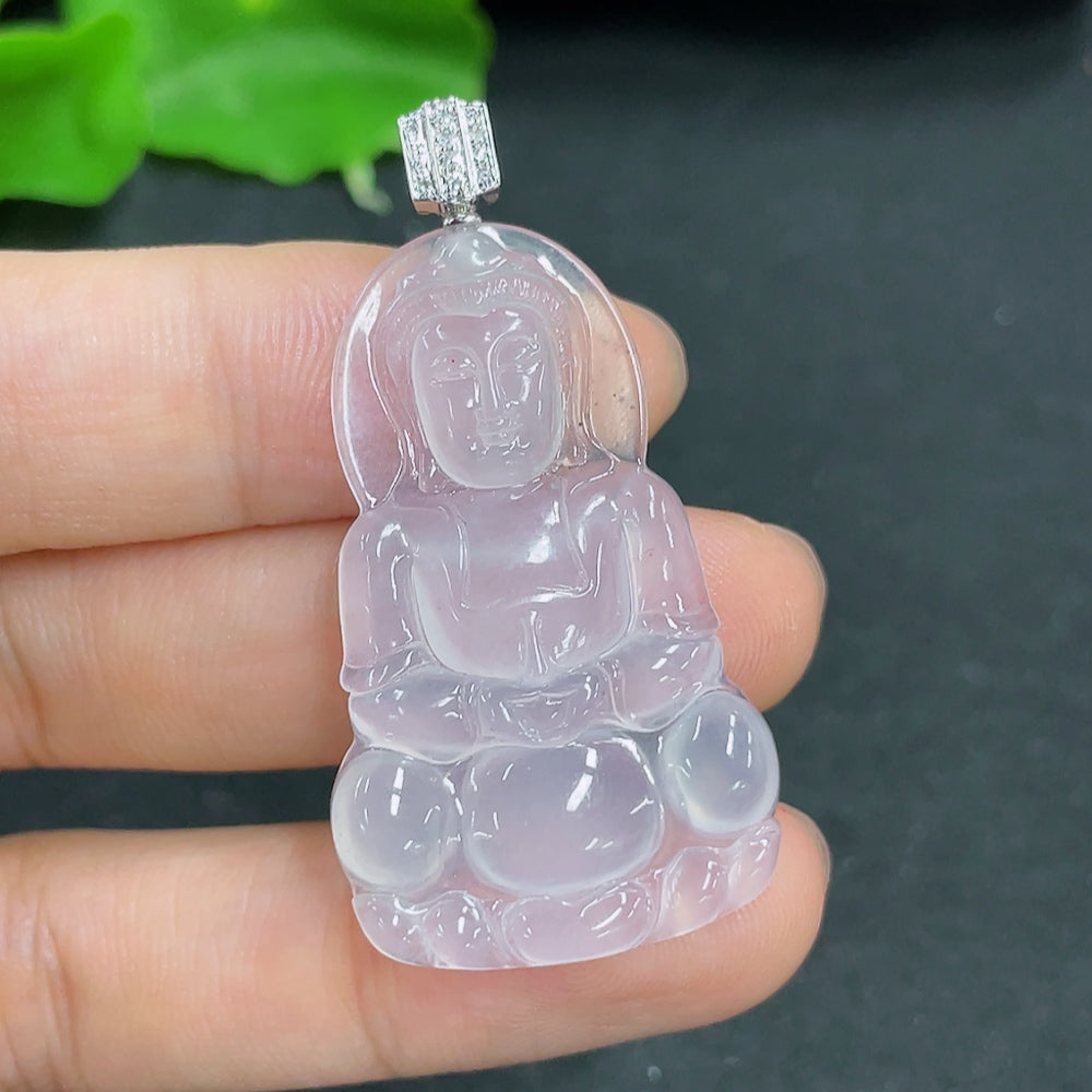 Jadeite Guanyin pendant with 18K gold and diamond accents, showcasing intricate carving and delicate details.