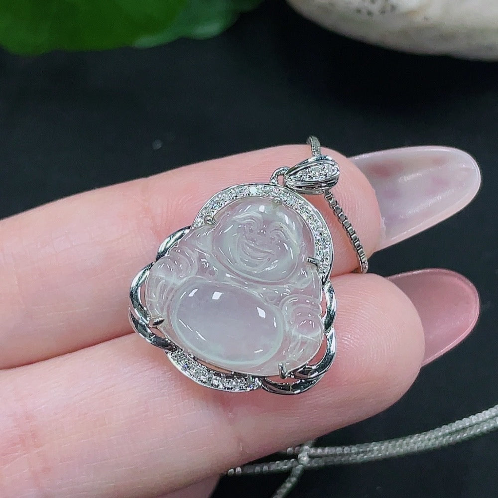 Jadeite Buddha Pendant with 18K Gold and Diamond Accents, Total Weight Approx. 2.4g (Excluding Chain)