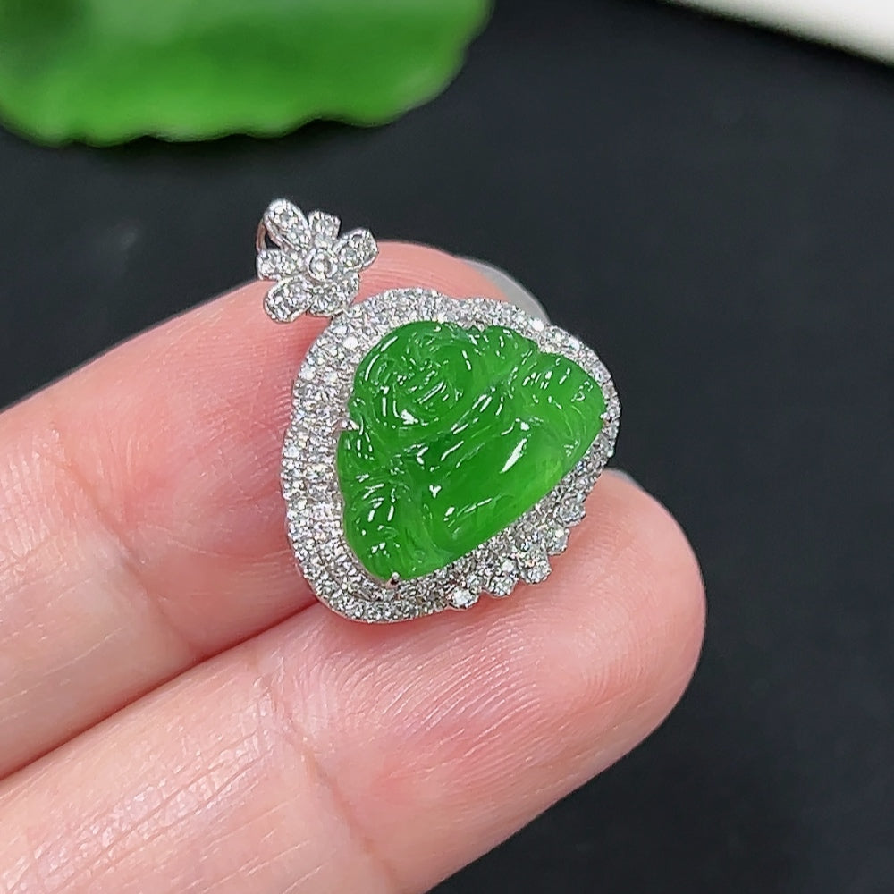 Jadeite Buddha Pendant 18K Gold Total Weight Approx. 2.1g (with Diamond Accents)