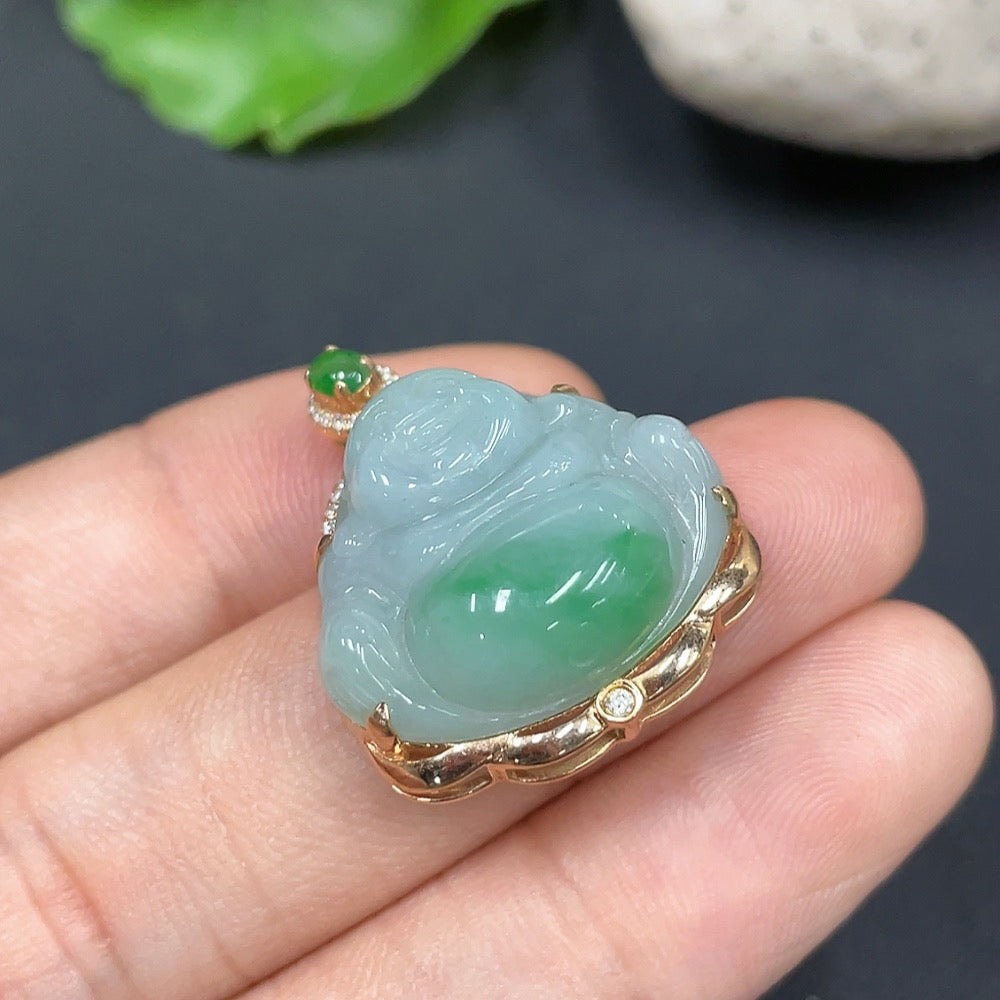 Jadeite Buddha Pendant Set in 18K Gold, Total Weight Approx. 4.69g