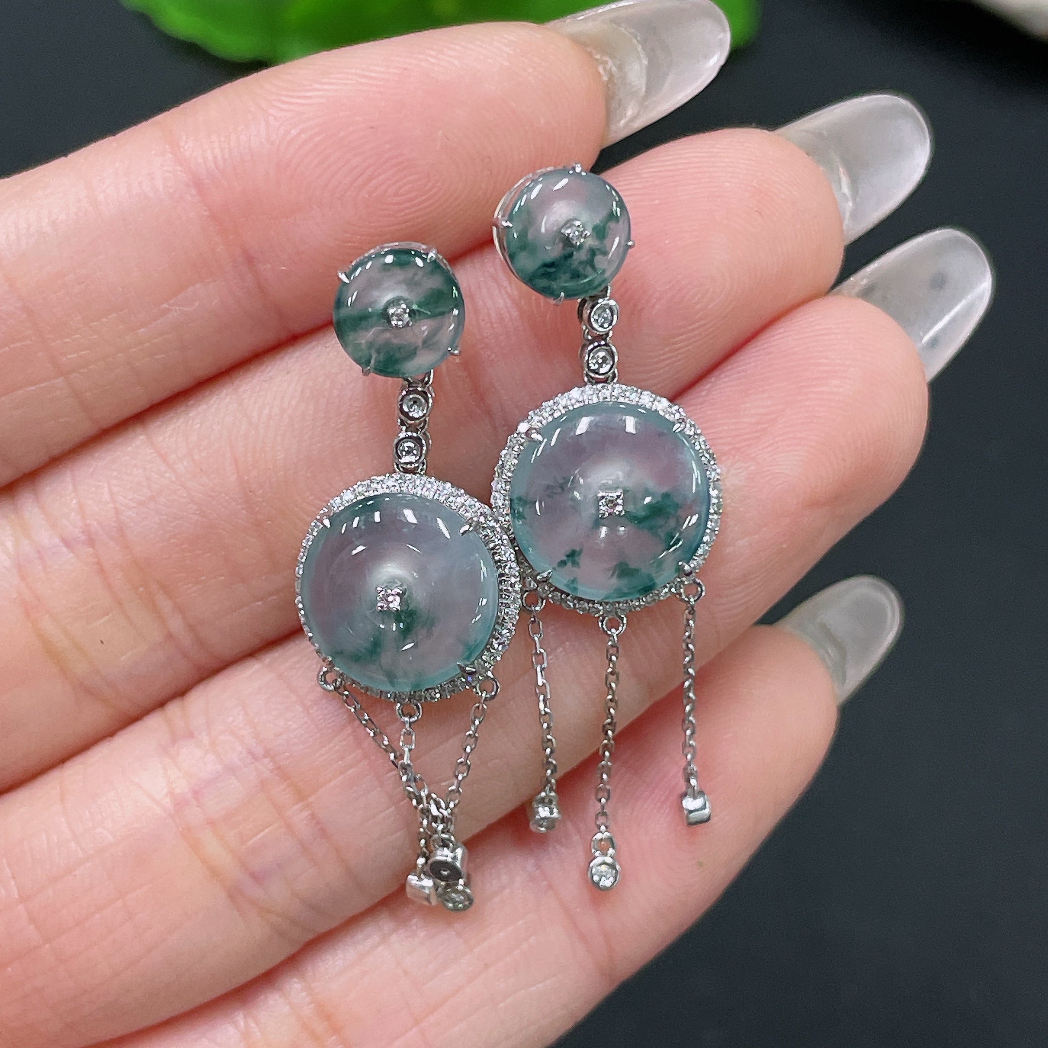 HUILIU HQ jadeite safety buckle earrings with diamond accents and included ear backs, showcasing elegant inlaid jade jewelry.