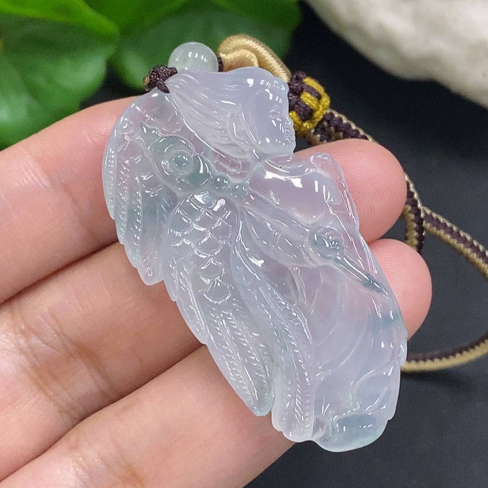 Huiliu Certified Jadeite Angel Pendant featuring a polished jade angel charm on a delicate cord.