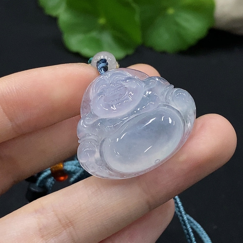 Jadeite Buddha pendant with non-A grade beads, weighing approximately 9.6g, featuring detailed Buddha carving on smooth green jade.