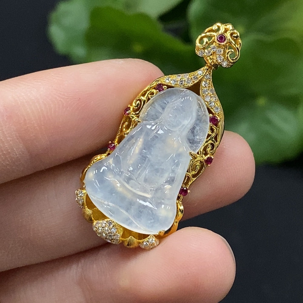 Jadeite Guanyin Inlaid Pendant No Stamp, 18K Gold Content Tested, Set with Colorless Diamonds, Total Weight Approximately 4.74g