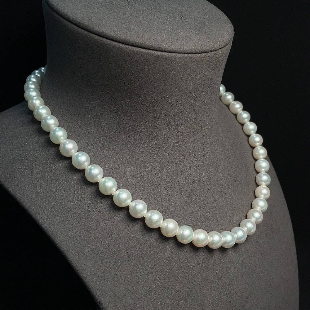 HUILIU HQ seawater pearl strand with 8.4mm pearls, non-gold setting, totaling 47.37g, showcasing elegant pearl jewelry.