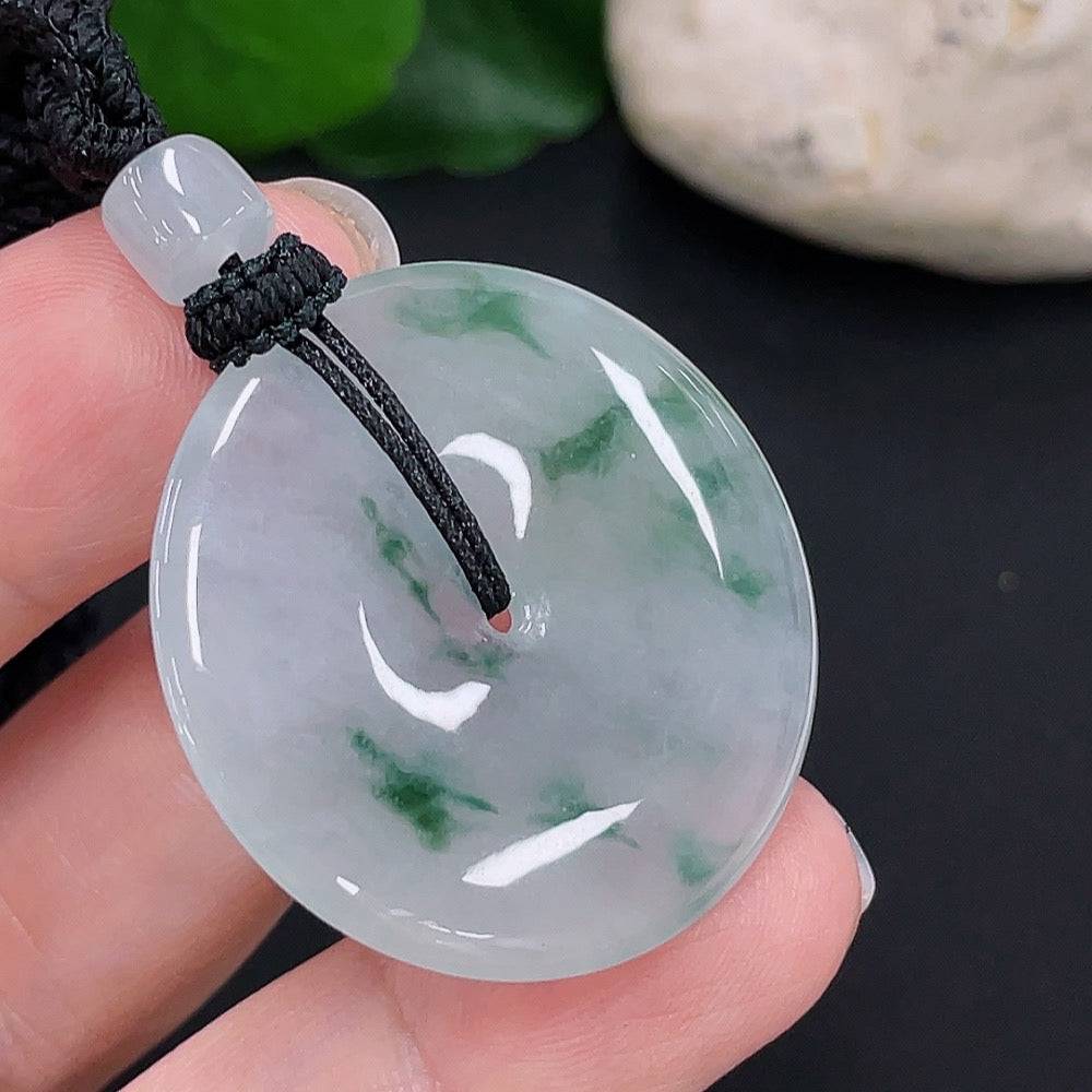 Jadeite Peace Knot pendant with rope, crafted by HUILIU HQ, weighing approximately 13.4g, showcasing smooth green jade surface.
