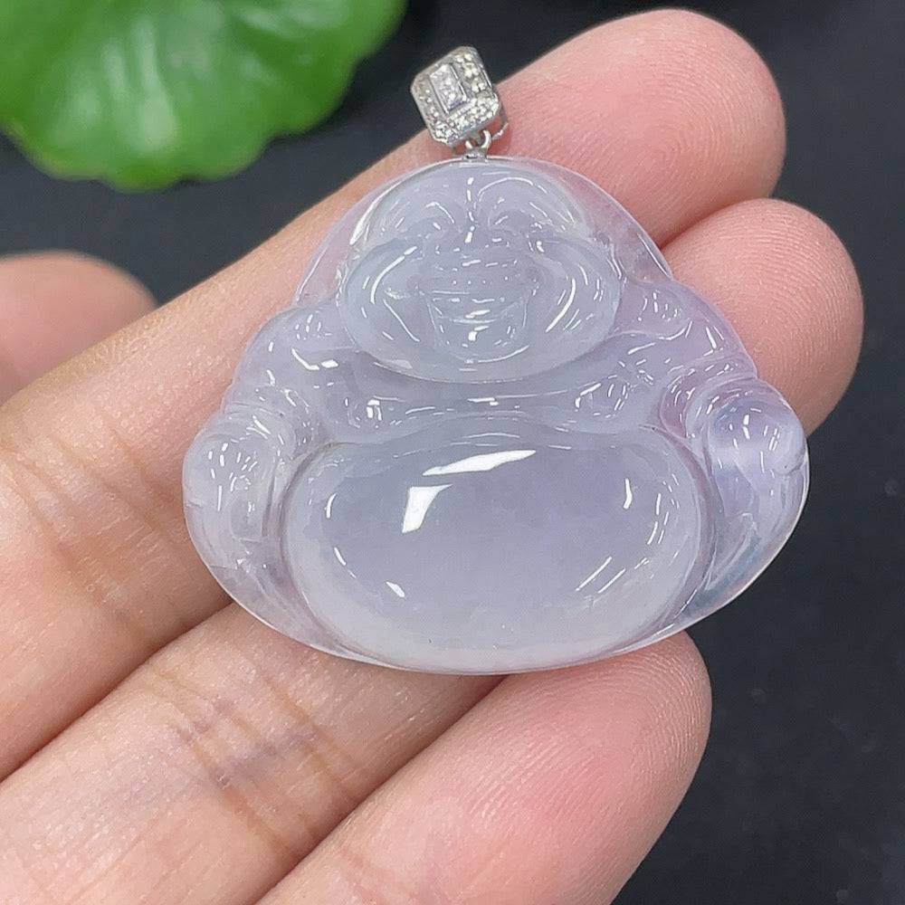 Huiliu HQ jadeite Buddha pendant with non-diamond accents, featuring detailed carving and smooth polished surface.
