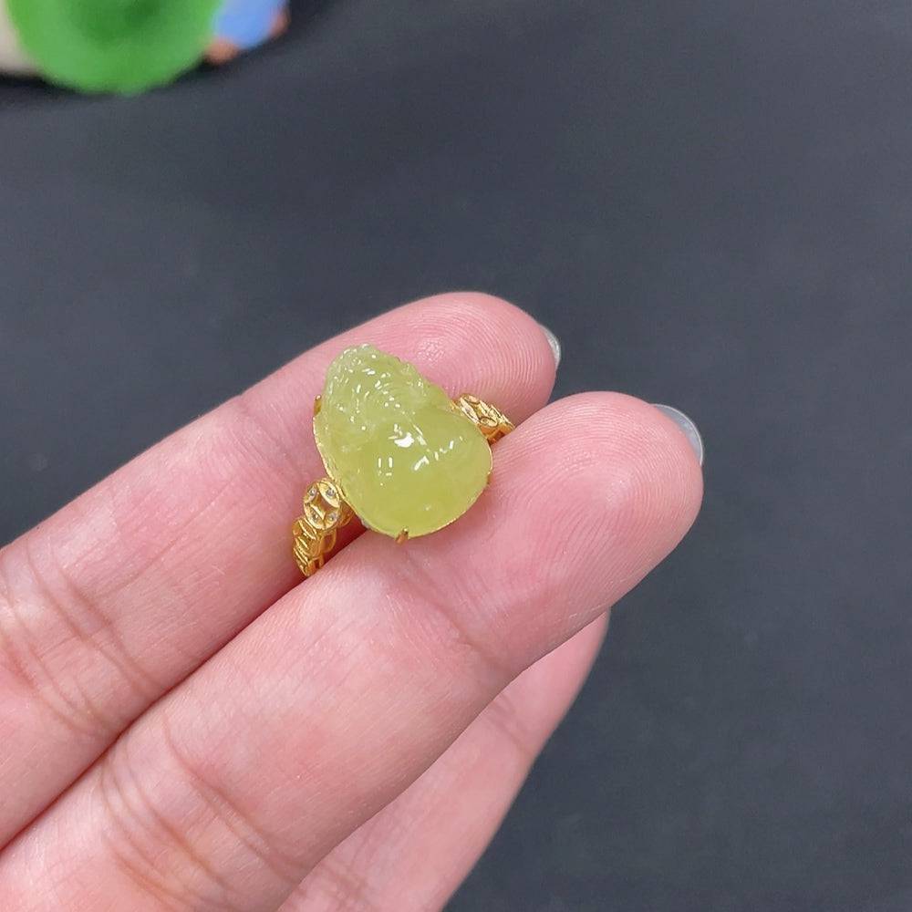 Hetian jade inlaid ring with Pixiu motif, size 13, 18k non-diamond, crafted by HUILIU HQ, featuring detailed jade and metalwork.
