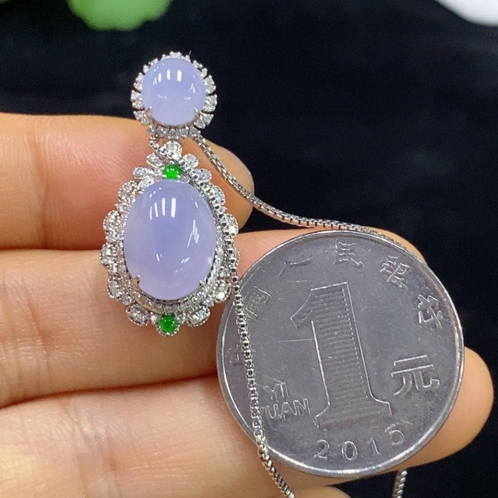 Jadeite cabochon pendant with diamond accents on 18k chain, non-gold jewelry by HUILIU HQ, weighs approximately 3.24g.