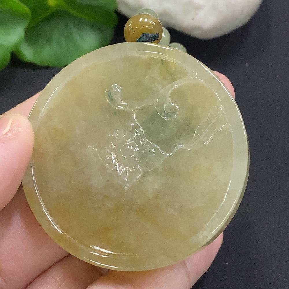 HUILIU HQ Jadeite Flower of Wealth and Honor pendant with chain, featuring intricate jade flower design on smooth jade surface.