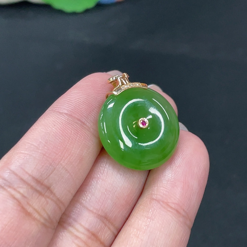 Hetian Jade Inlaid Pendant Peace Buckle Total Weight Approx.5.6g 18k Set with Colorless Diamonds