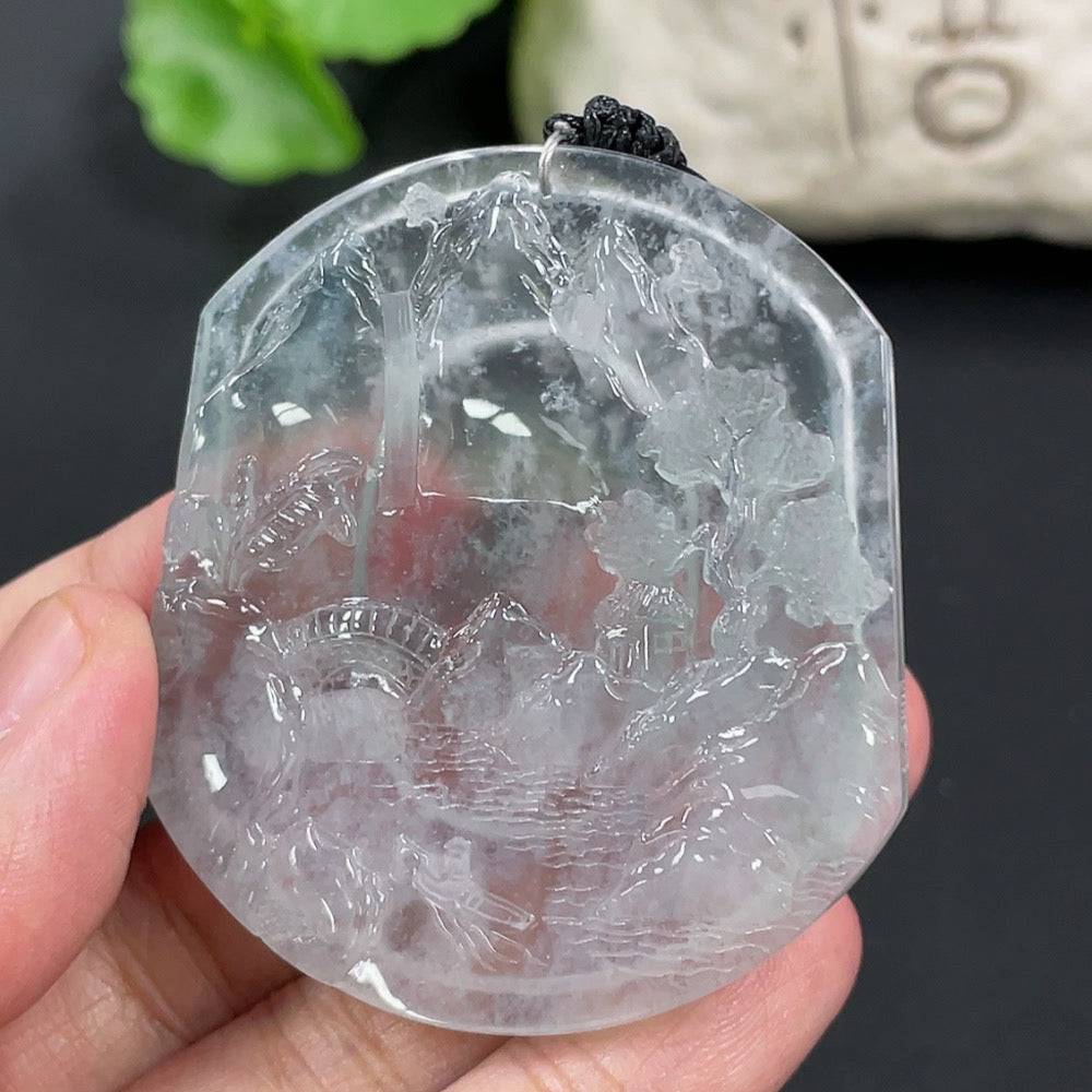 Jadeite pendant featuring a landscape design with rope, weighing 23.84g, from HUILIU HQ, showcasing detailed craftsmanship.