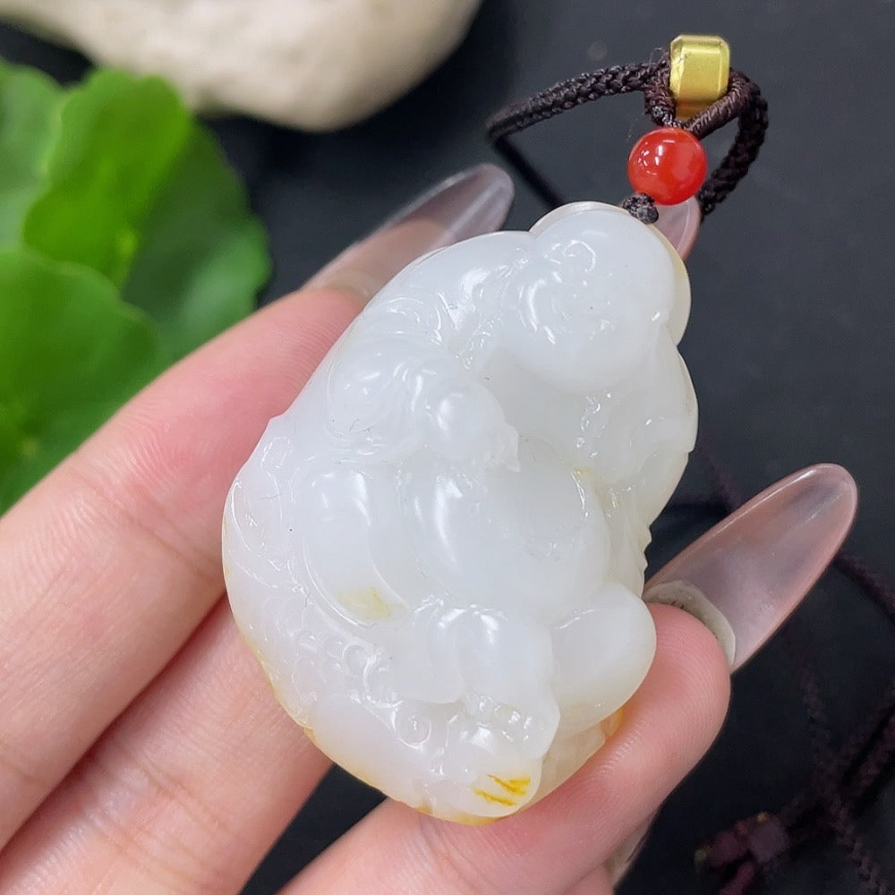 Hetian Jade Pendant - Buddha Statue, Undetermined Skin Color Origin, Contains Other Mineral Components, Beads Not Hetian Jade, Total Weight Approximately (Including Cord) 28.8g