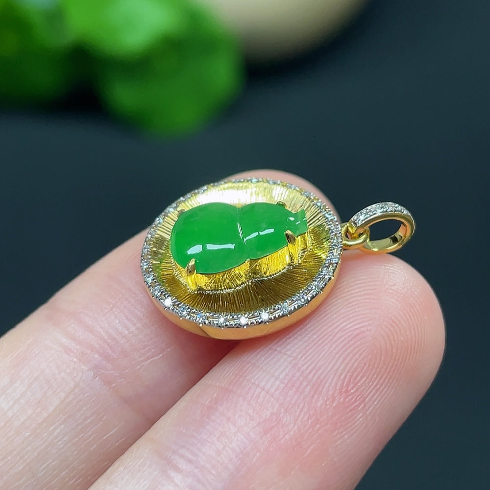Jadeite Gourd Inlaid Pendant 18k with Diamond Accents