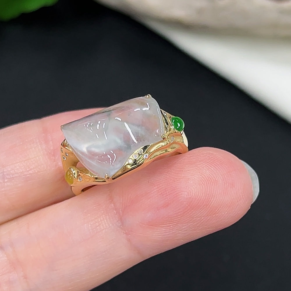 Jadeite inlaid ring with diamond accents, size 16, set in 18K gold, HKHQ jewelry, showcasing intricate design and craftsmanship.