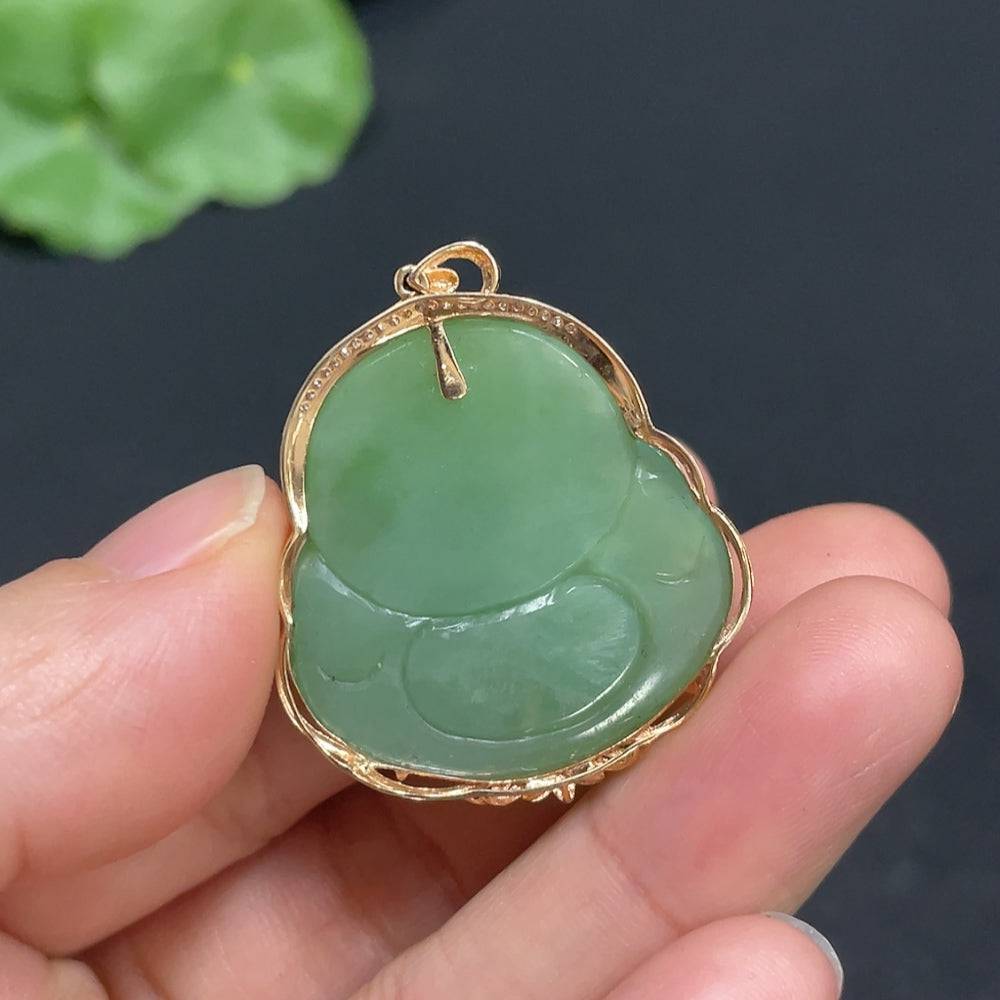 Huiliu certified Hetian jade Jasper Buddha pendant with diamond accents, showcasing intricate inlay work and polished gemstone details.