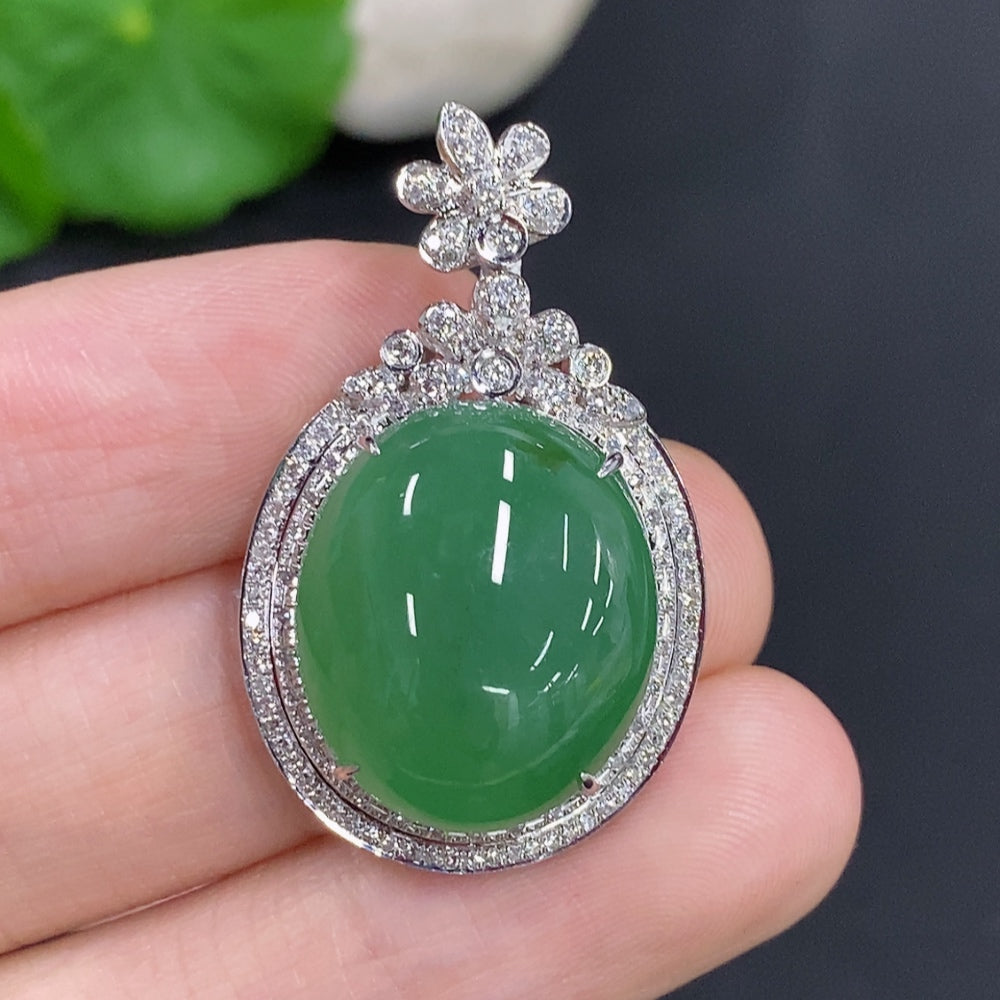 Jadeite Cabochon Pendant in 18K Gold with Diamond Accents