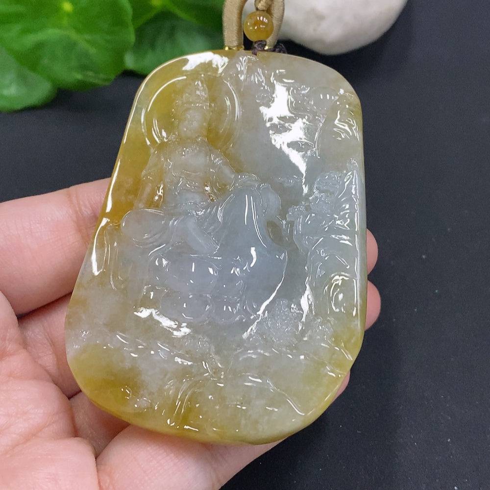 Jadeite Guanyin pendant with landscape design, hanging on a rope, weighing approximately 84.3g, crafted by HUILIU HQ.