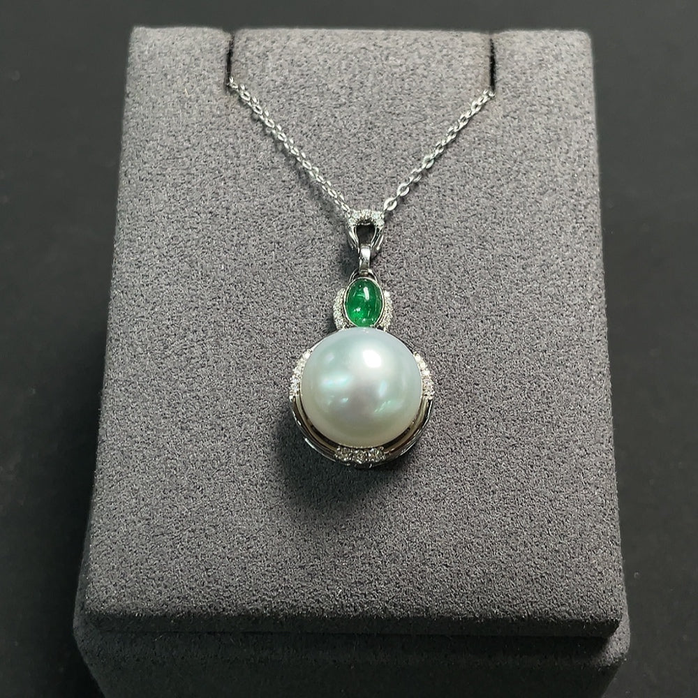 Seawater Pearl Pendant with Emerald, Clarity Enhanced, Accented with Diamonds, 18K Gold Pendant, Non-Gold Other Components, Size About 12.5mm